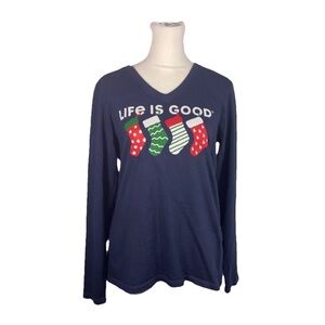 Life Is Good Women's Size Small Blue Christmas Stocking Long Sleeve Crusher Tee